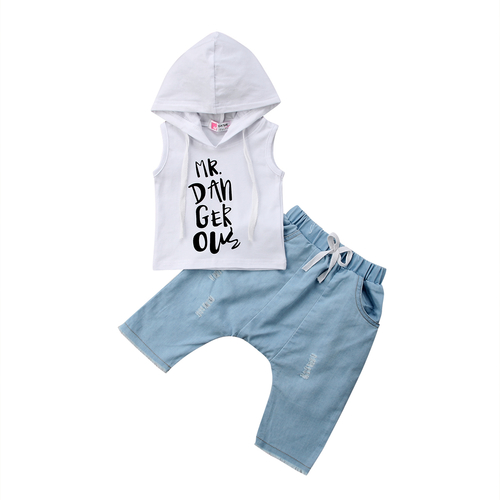 Boy White Hoodie Sleeveless Letters 2Pcs Kids