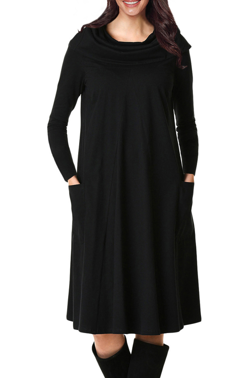 Black Cowl Neck Long Sleeve Jersey Dress