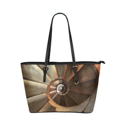 Large Leather Tote Shoulder Bag - Brown Architecture Illustration
