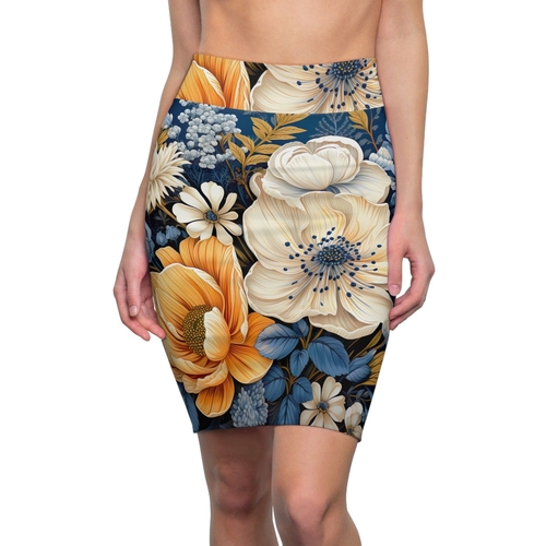 High Waist Womens Pencil Skirt - Contour Stretch - Blue Floral Block