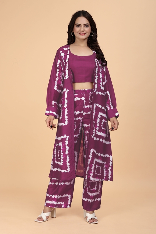Wine Shibori Print Co-Ord Set-3 Piece
