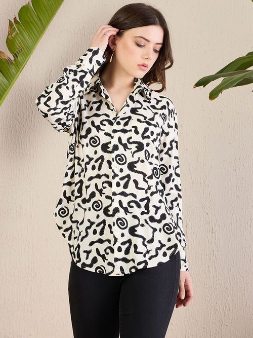Women Rayon Printed Collar Neck Shirt (Size-S) (Color-CREAM)