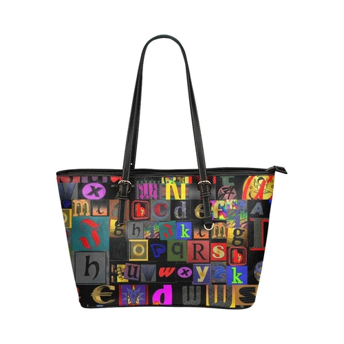 Large Leather Tote Shoulder Bag - Black Alphabet Print
