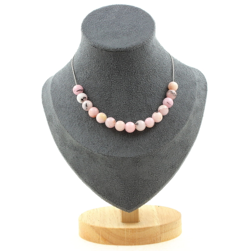 Pink opal 8 mm 15 beads necklace stainless steel chain