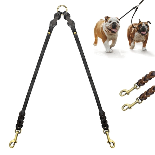 Real Leather Dog Double Leashes Coupler 2 Way Dogs