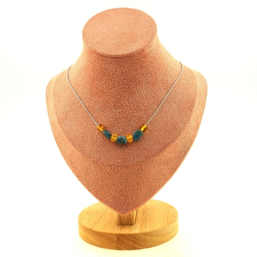 Blue apatite+ Genuine Baltic Sea Amber 7 beads necklace.