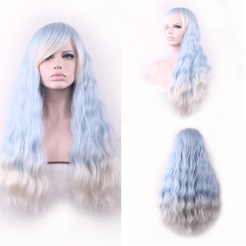 Fashion Lolita Corn Blanching Long Wavy Light Blue