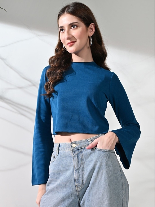 Women Bell Sleeves Casual Cropped Top (Color Teal Blue) (Size XL)