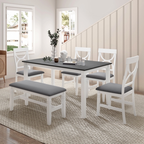 6-Piece Wood Dining Table Set Kitchen Table Set with Upholstered Bench