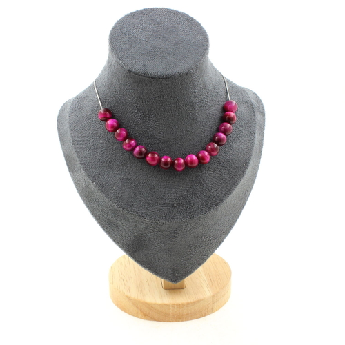 Fuschia Tiger's Eye 8 mm 15 beads necklace stainless steel chain