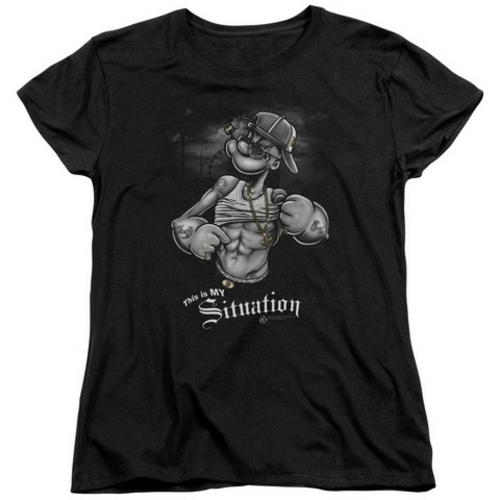 Trevco Popeye-Situation Short Sleeve Womens Tee, Black - XL