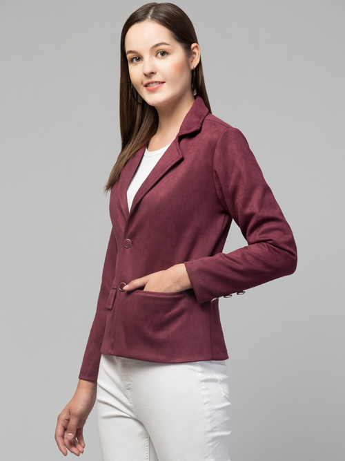 Women Classic Essential Linen Lapel Suede Jacket (Color Wine) (Size S)