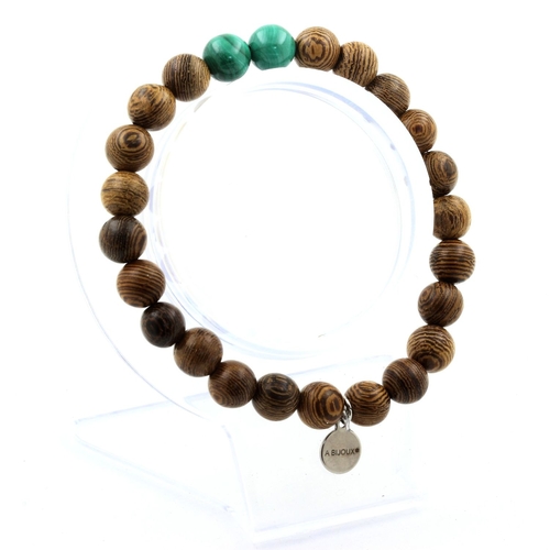 Malachite from Congo + wood Bracelet 8 mm Beads.