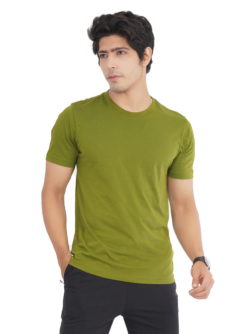 Men Solid Half Sleeves Round Neck Cotton Mehndi T-Shirt (Size L)