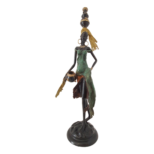 Vintage West African Bronze Statue of a Woman Fetching Pots of Water