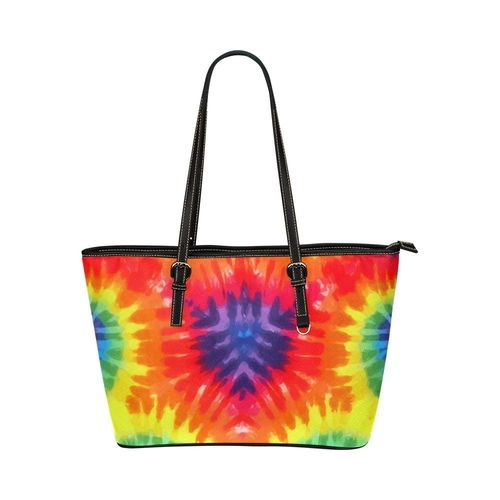 Large Leather Tote Shoulder Bag - Black and Rainbow Handbag