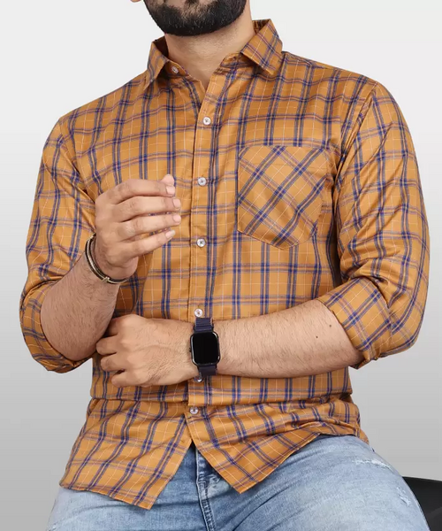 Men Regular Fit Checkered Spread Collar Casual Shirt Mustard (Size S)
