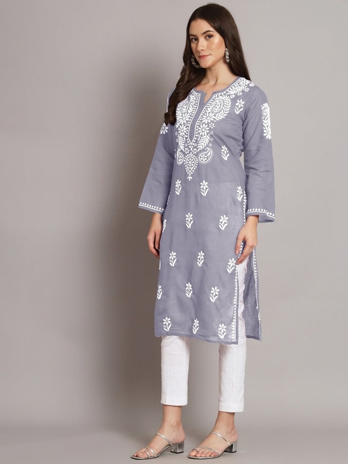Hand Embroidered Chikankari Cotton Straight Kurta (Size-M)