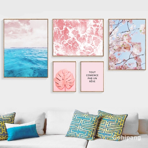 Blue Sea Leaves Flowers Canvas Painting