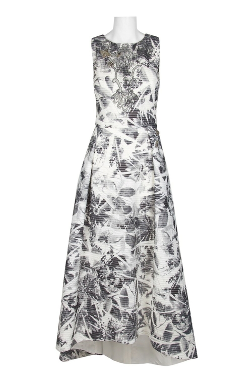 Theia Crew Neck Sleeveless A-Line Zipper Back Embellished Floral Print