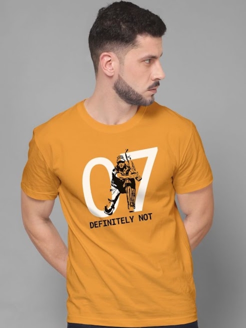 Mens Yellow Printed Round Neck T-Shirt
