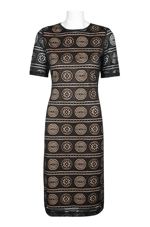 Sharagano Crew Neck Short Sleeve Bodycon Zipper Back Lace Dress