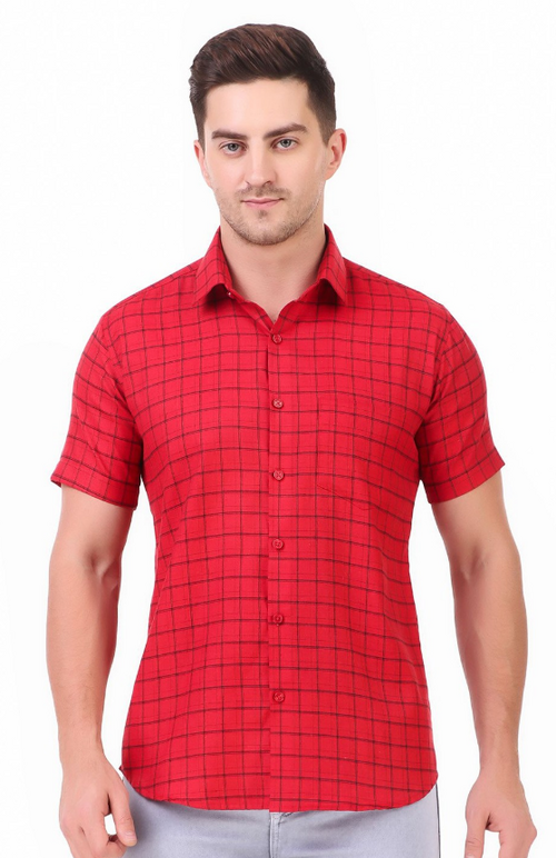 Men Classic Spread Collar Checked Slim Fit Formal Shirt (Color Red)