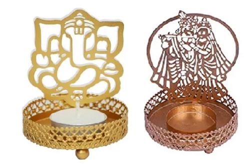 Golden Ganesh And Radha Krishna Shadow Ji Tealight Candle Holder Combo