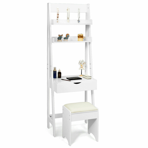 Ladder Styled Dressing Table with Shelves, Mirror and Stool