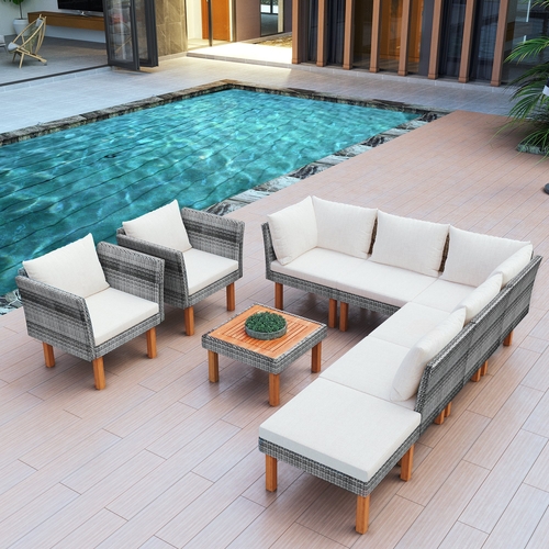 9-Piece Outdoor Patio Garden Wicker Sofa Set, Gray PE Rattan Sofa Set,