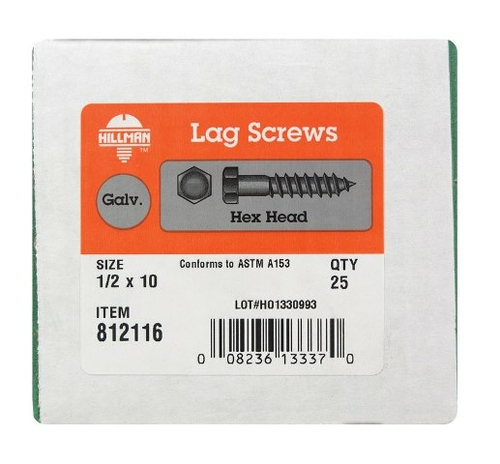 Hillman 812116 0.5 x 10 in. Hex Head Galvanized Lag Screw  Box of 25
