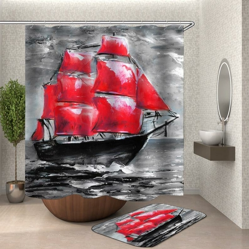 Black and Red Art Painting Ship Shower Curtain