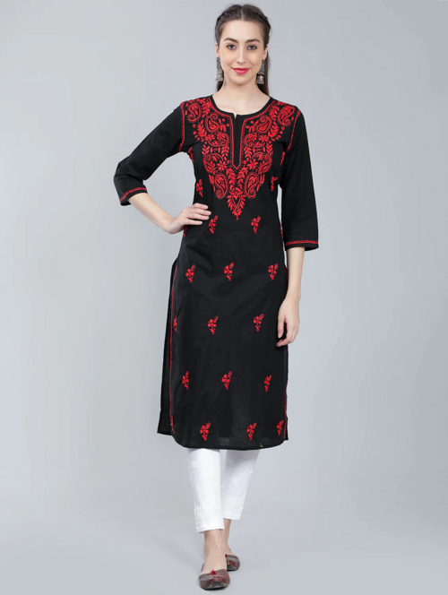 Women's straight kurta Red Floral Printed (Size-L) (Color-BLACK )
