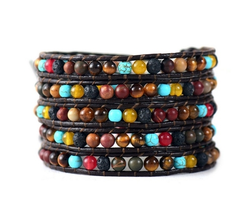 5 Row Leather Wrap Bracelet Mix Natural Stones