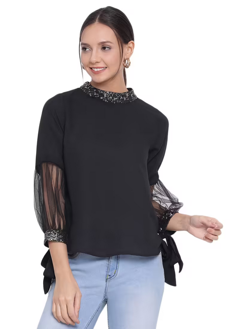 Women'S Straight Mock Neck Top (Size-S) (Color-Black)