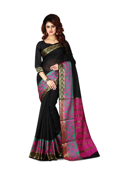 Generic Women's Cotton Silk Saree(Black, 5.5-6