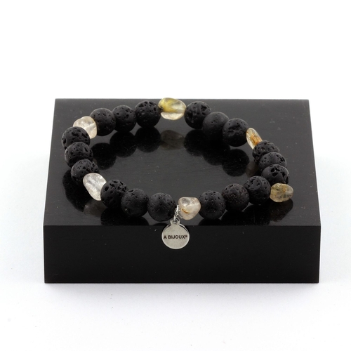 Golden Rutilated Quartz from Brazil + Lava Bracelet 8 mm Beads.
