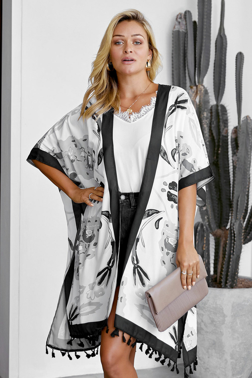 Black Bohemian Print Open Front Loose Kimono Beach Cover up
