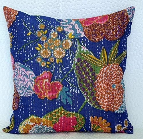 Cotton Kantha Embroidery Cushion Cover (16x16-inches) (Set of 1, Blue)