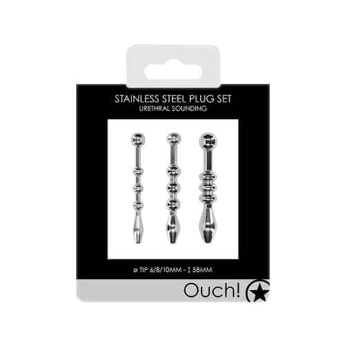 Ouch! Urethral Sounding 3-Piece Stainless Steel Beaded Plug Set 6 mm /