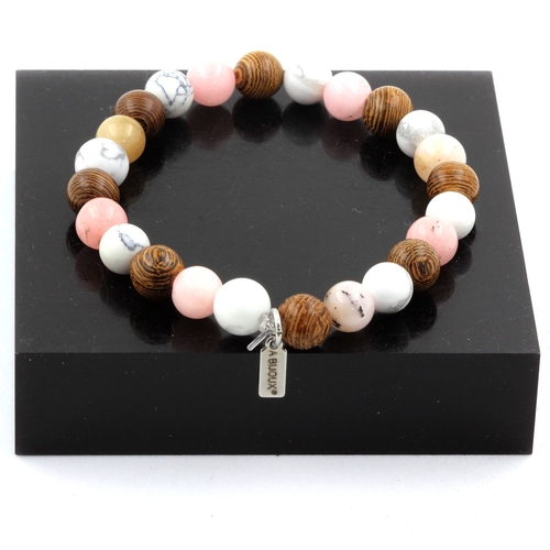 Pink Opal + Howlite + wood Bracelet 8 mm Beads.