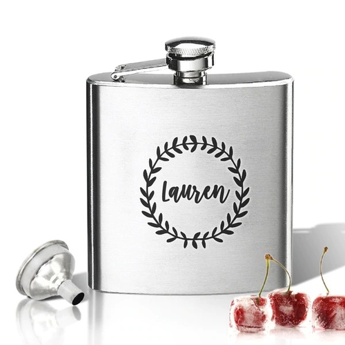 Hip Flask (8 oz) Personalized to your desire. Name with wreath.