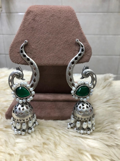 Peacock silver Green oxidised earrings for women