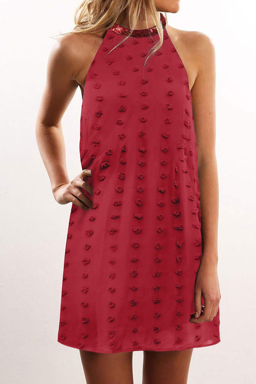 Red Pompom Mock Neck Sleeveless Shift Mini Dress