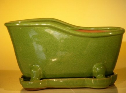 Green Ceramic Bonsai Pot With Matching TrayBathtub Shape10.875" x