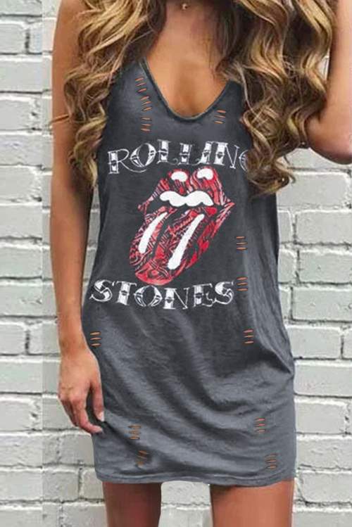 Gray Casual ROLLING STONES V Neck Cotton Dress