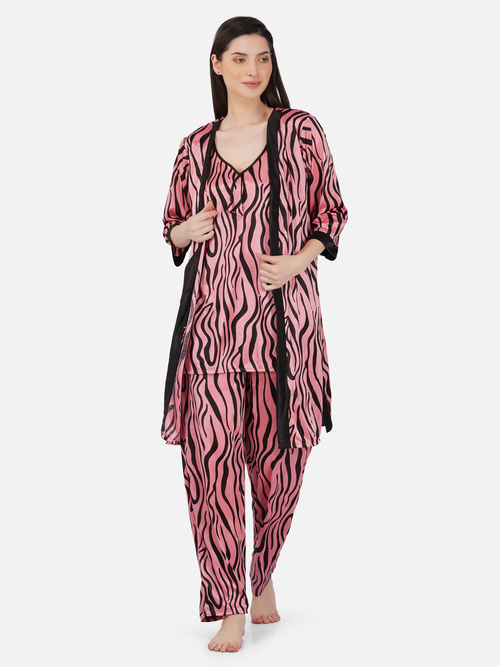 Romaisa Women's Satin Pink Maroon Top and Pyjama with Robe