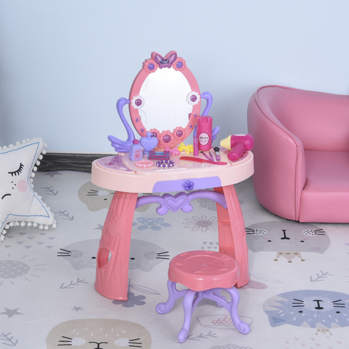 Qaba Kids Vanity Table and Stool Beauty Pretend Play Set with Mirror