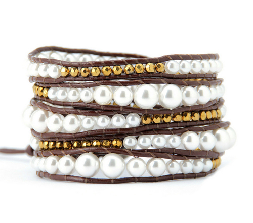 New Graduated Shell Pearls Leather Wrap Bracelet