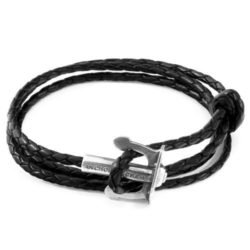 Coal Black Union Anchor Silver & Braided Leather Bracelet